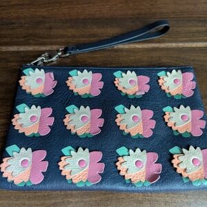 Leather Fossil 3d Floral Embellished Navy Wristlet